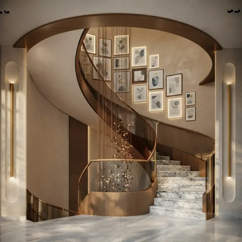 Stairs designed with MeltFlex AI: Gallery Wall on a Spiral Staircase