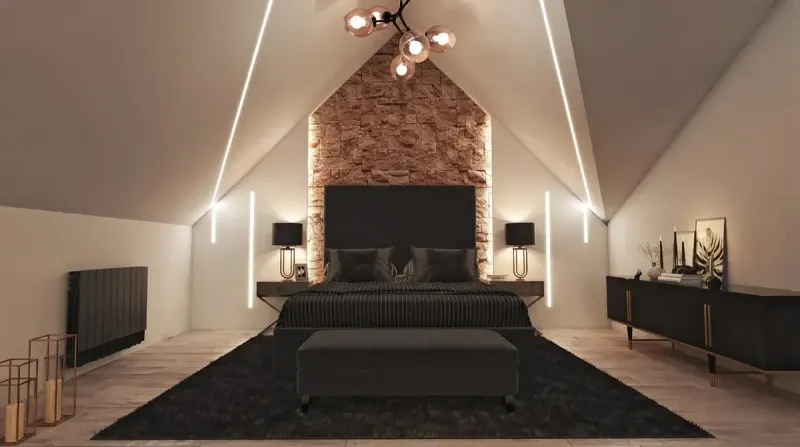 Bedroom designed with MeltFlex AI: Stone Accent Loft Bedroom