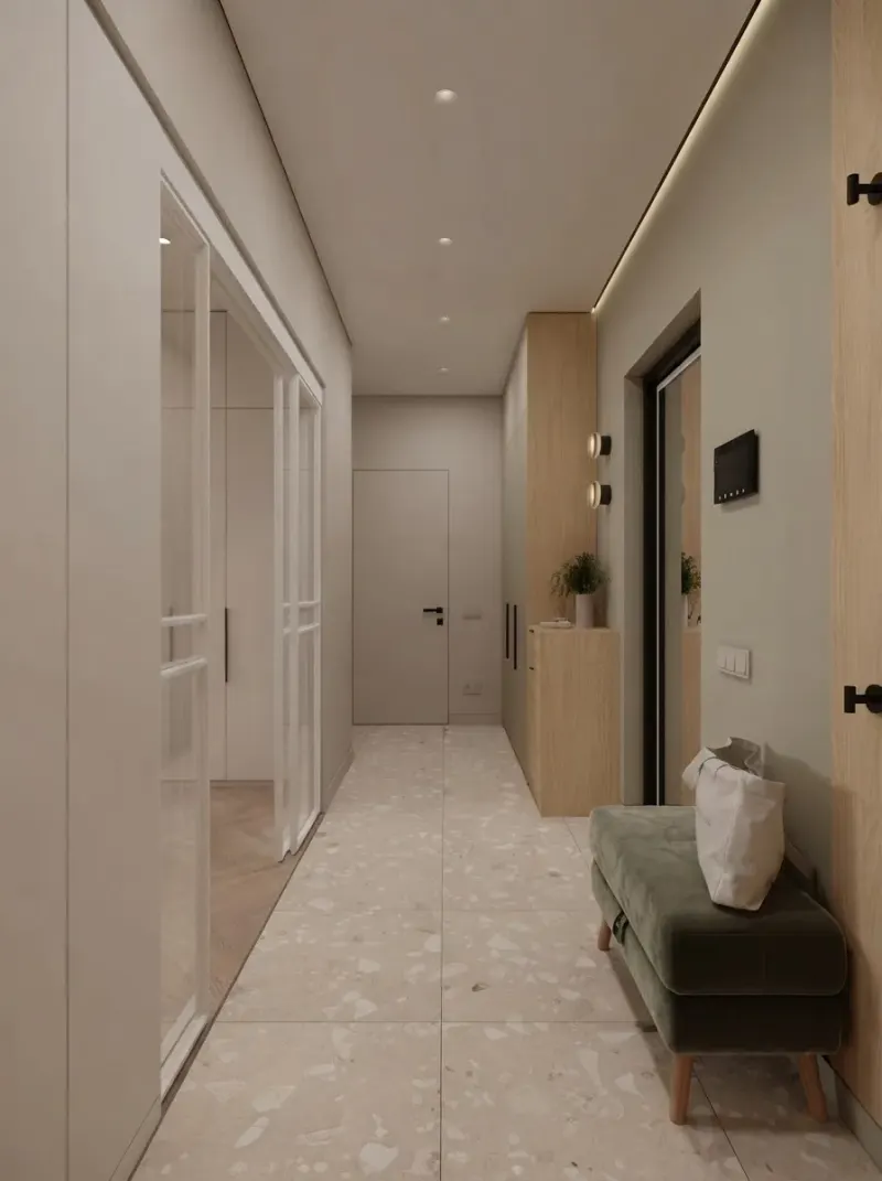 Hallway designed with MeltFlex AI: Stone Floor Entry, Door Run