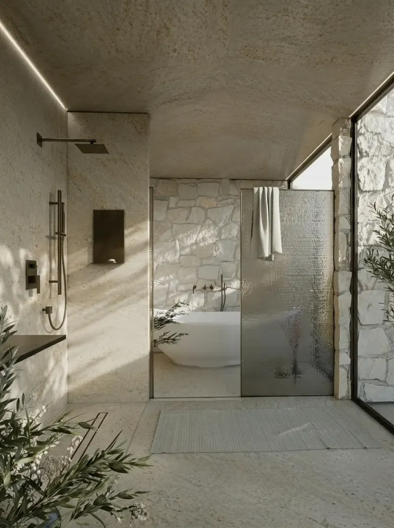 Bathroom designed with MeltFlex AI: Stone Spa Bathroom, Shower Side