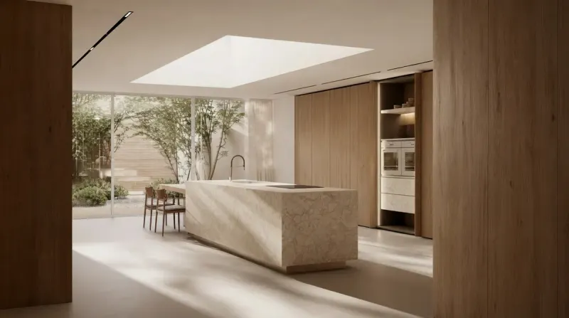 Kitchen designed with MeltFlex AI: Stone Slab Kitchen