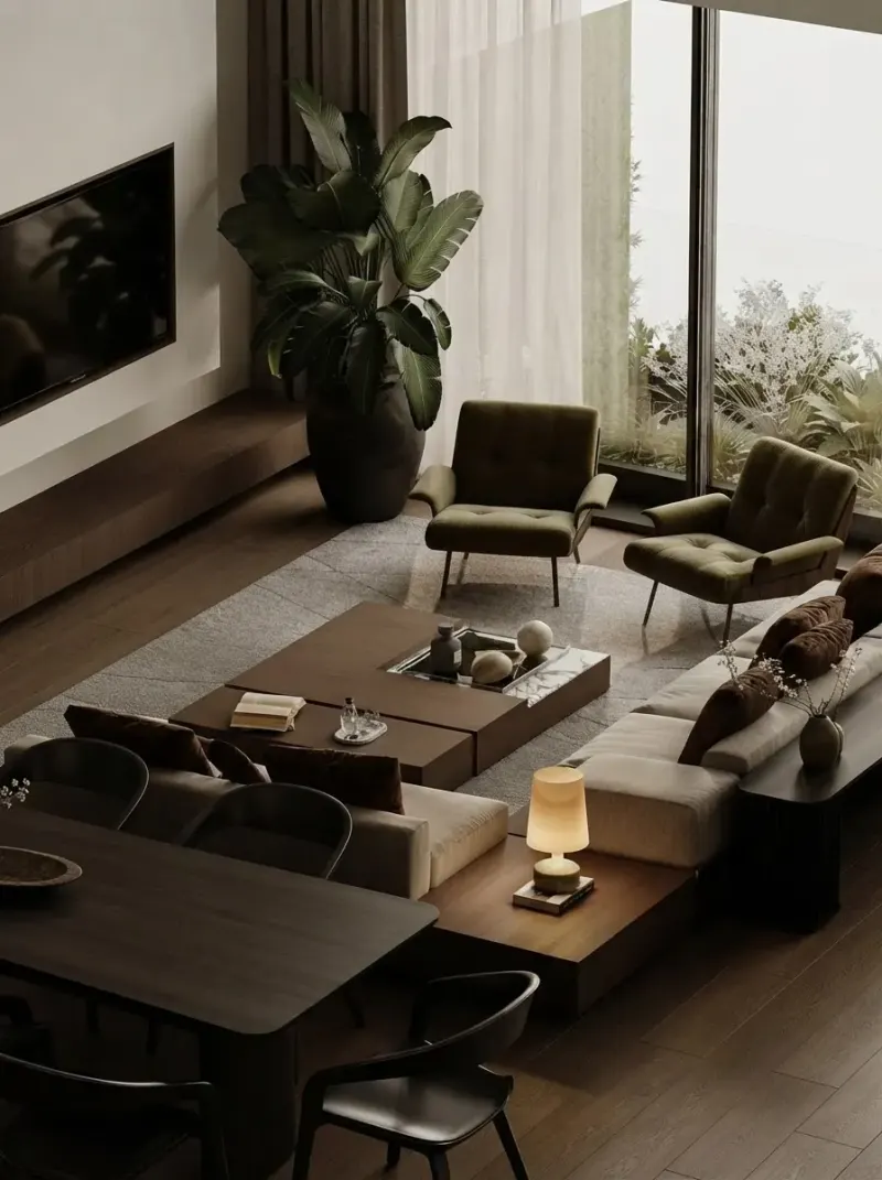 Living Room designed with MeltFlex AI: Stone Wall Earth-Tone Living