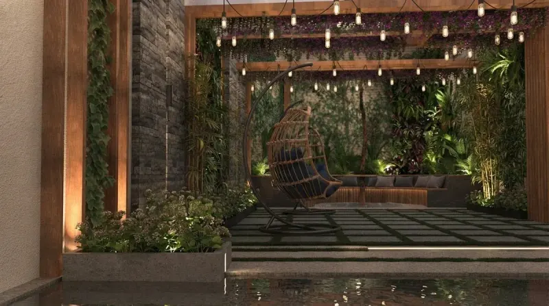 String Light Courtyard Garden, an interior designed with MeltFlex AI