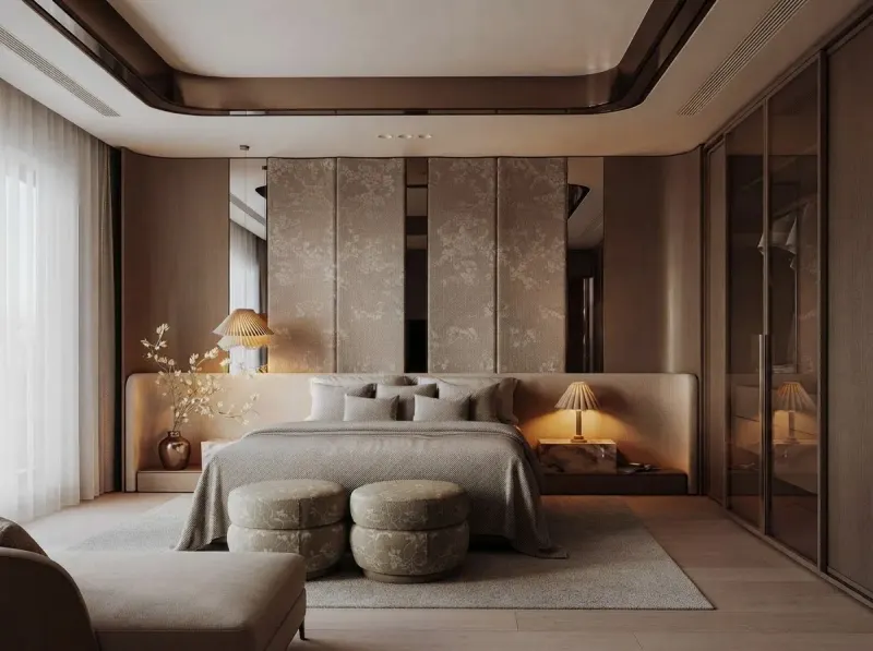 Taupe Upholstered Wall Bedroom, an interior designed with MeltFlex AI