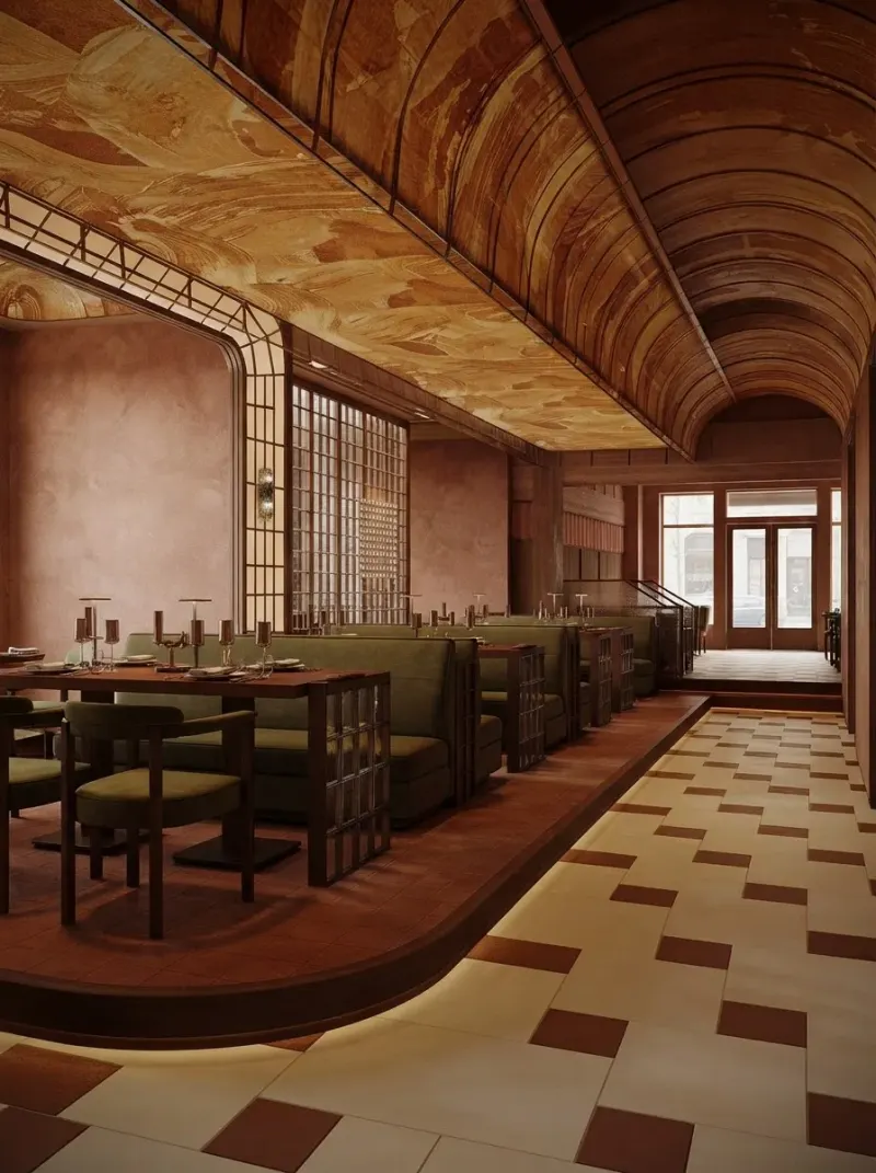 Restaurant designed with MeltFlex AI: Terracotta Checker Deco Restaurant