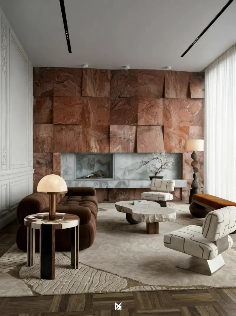 Living Room designed with MeltFlex AI: Terracotta Feature Wall Living Room