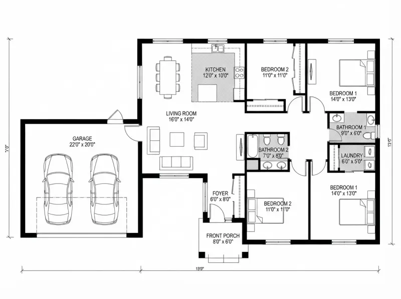 Floor Plan designed with MeltFlex AI: Three Bed Plan, Side Garage Layout