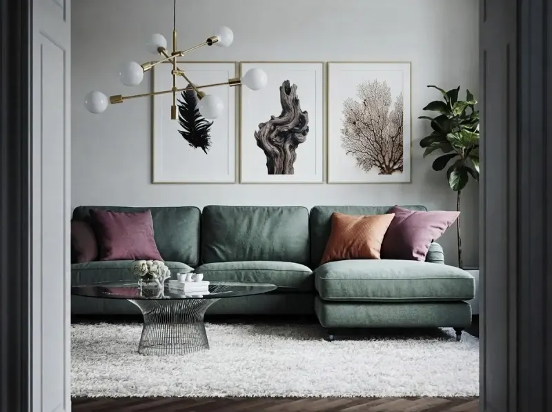 Living Room designed with MeltFlex AI: Three Prints Above a Green Sofa