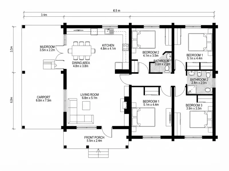 Floor Plan designed with MeltFlex AI: Timber Cabin Plan