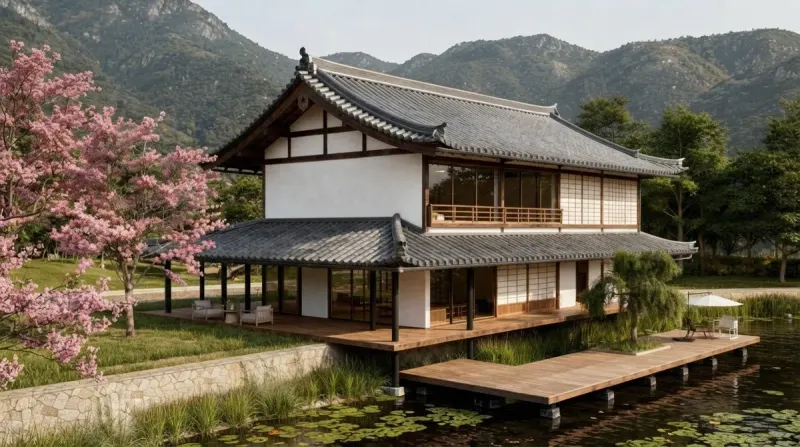 Exterior designed with MeltFlex AI: Japanese Lake House