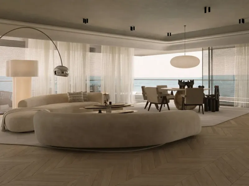 Living Room designed with MeltFlex AI: Travertine Floor Sea View Apartment