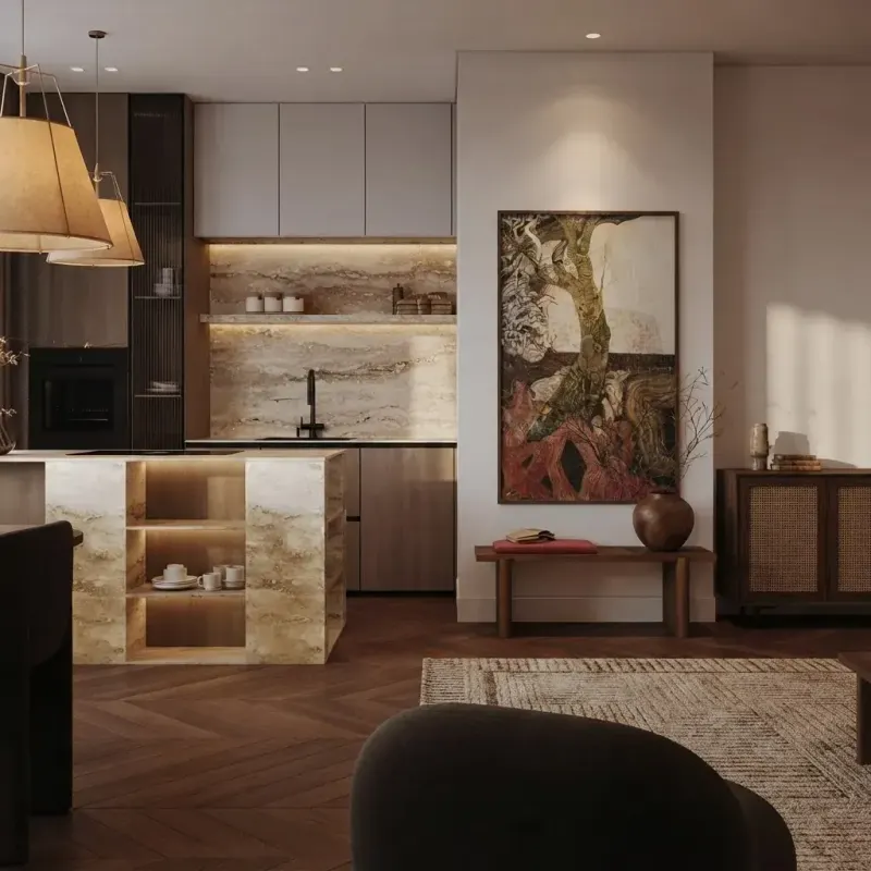Kitchen designed with MeltFlex AI: Travertine Island Walnut Kitchen