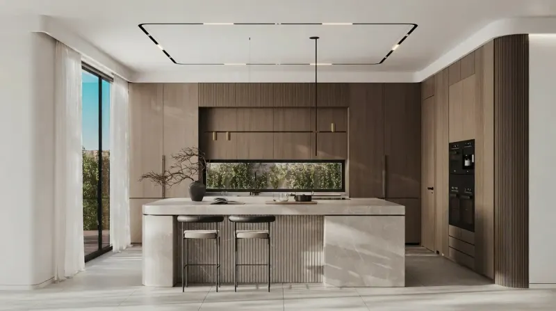 Kitchen designed with MeltFlex AI: Travertine Minimal Kitchen