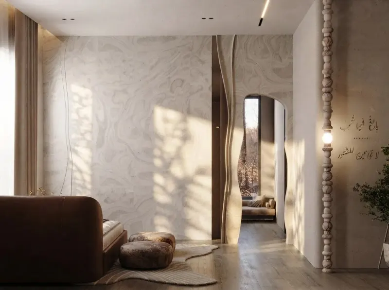 Bedroom designed with MeltFlex AI: Travertine Arched Window Bedroom