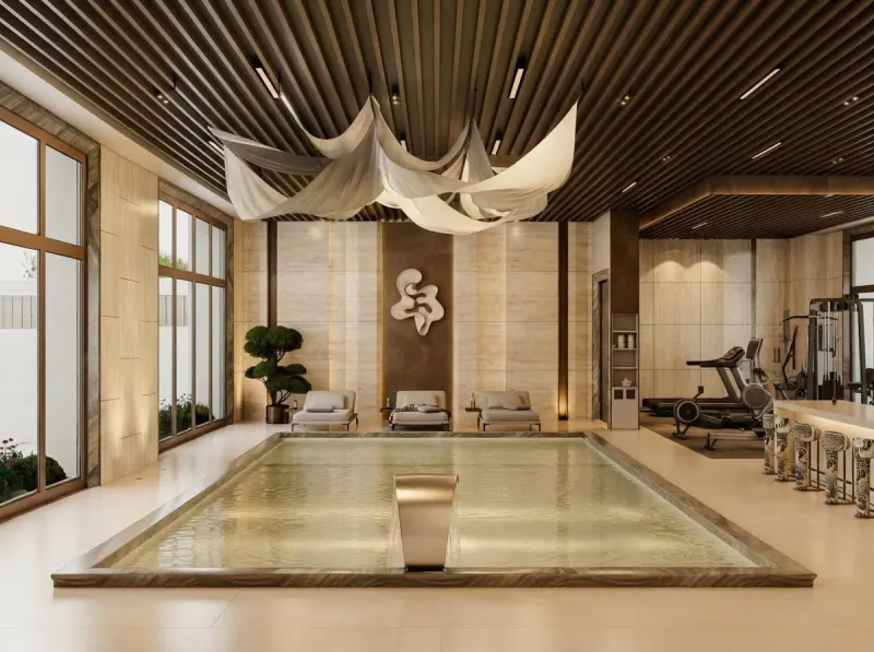 Pool designed with MeltFlex AI: Travertine Wellness Pool
