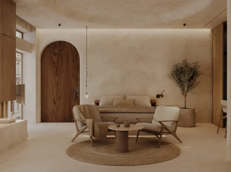 Living Room designed with MeltFlex AI: Wabi Sabi Arch Open Suite