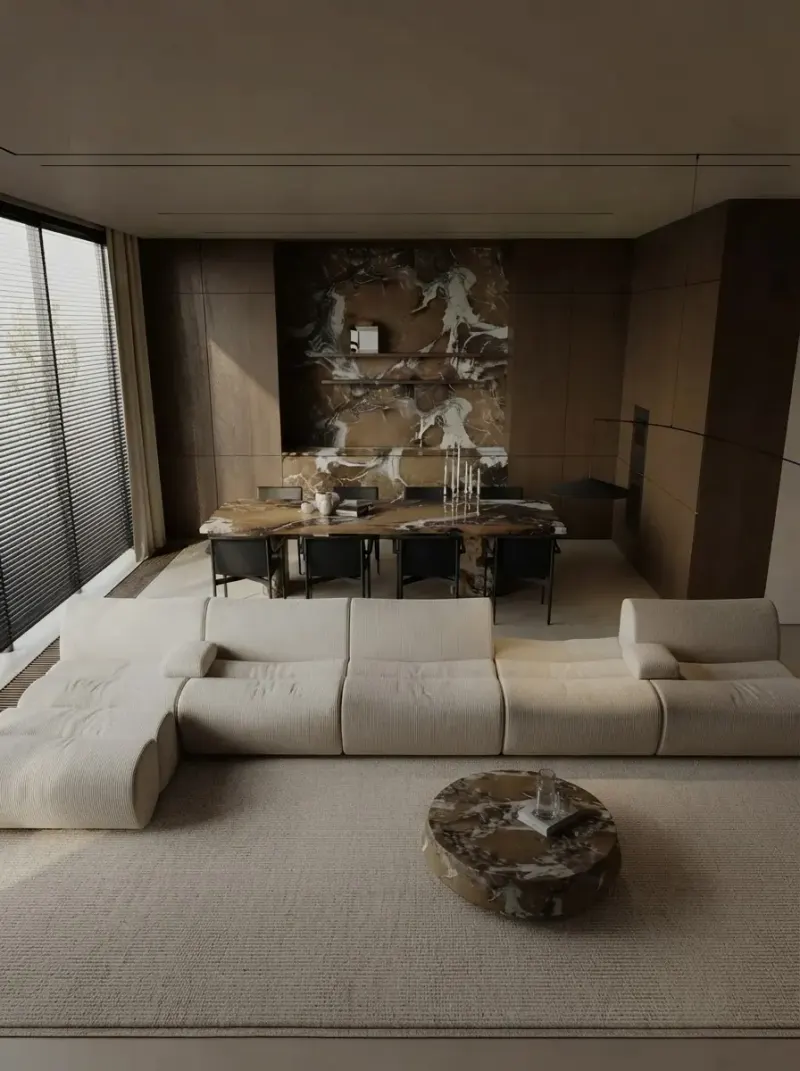 Living Room designed with MeltFlex AI: Walnut and Marble Open-Plan Living