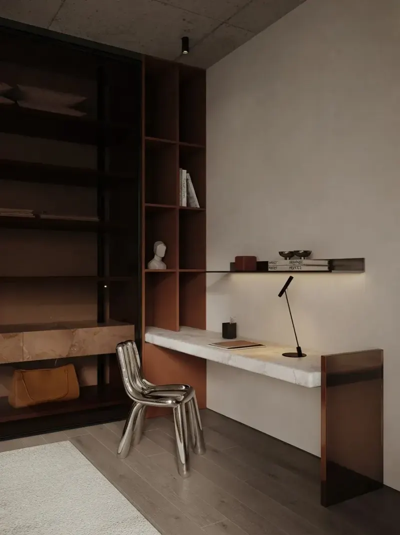 Office designed with MeltFlex AI: Walnut Shelf Loft Study