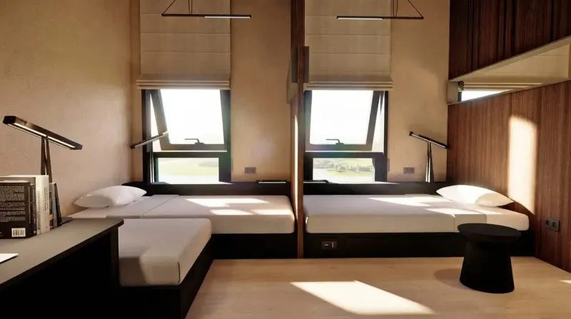 Dorm Room designed with MeltFlex AI: Walnut Twin Dorm Window Beds