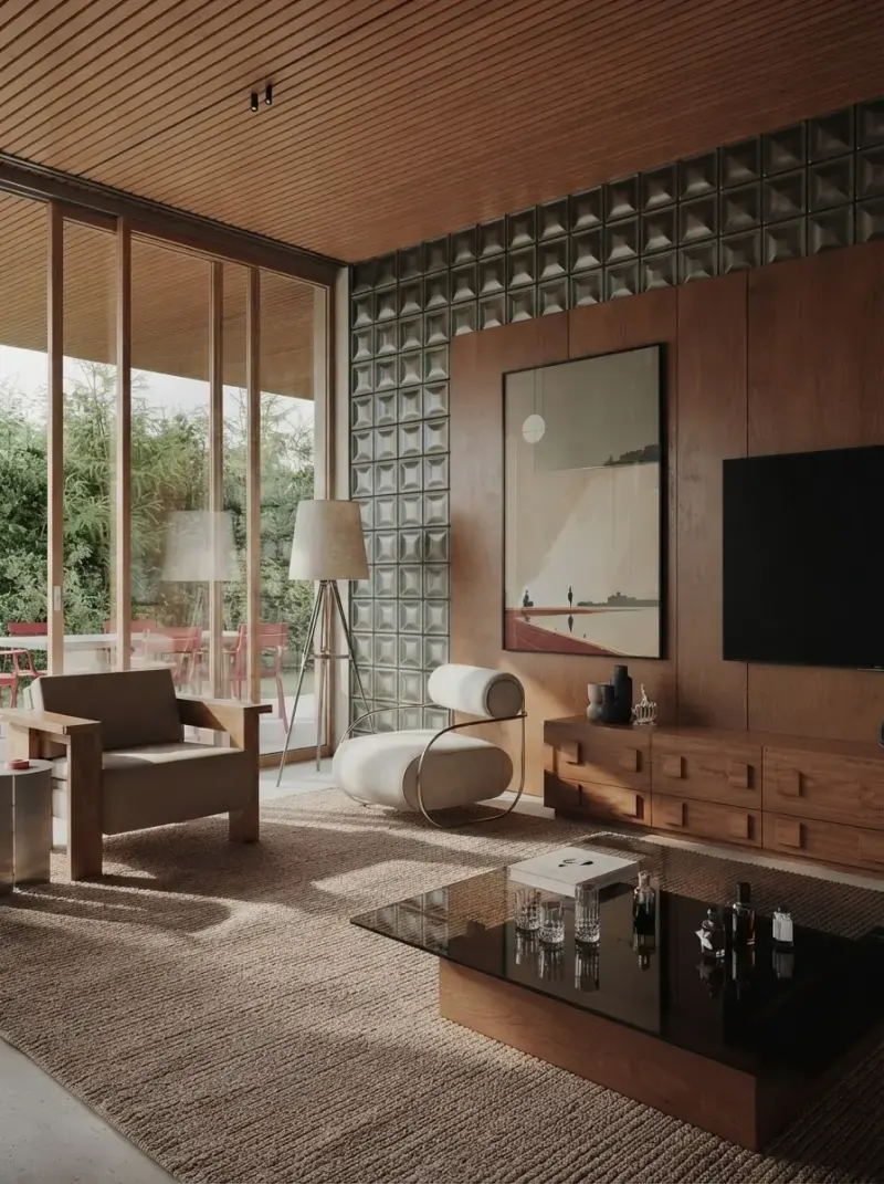 Living Room designed with MeltFlex AI: Walnut Wood Residence