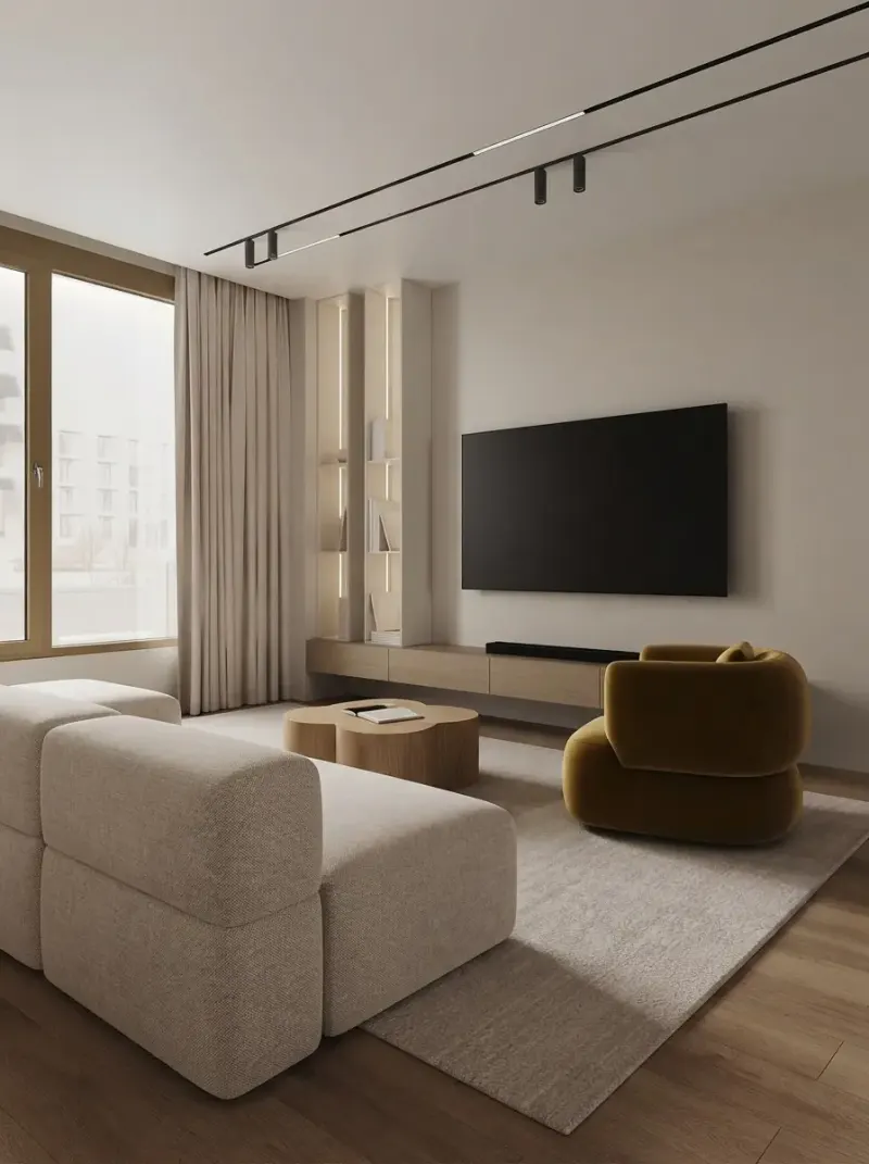 Living Room designed with MeltFlex AI: Warm Minimalist Apartment