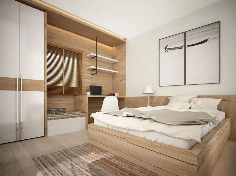 Dorm Room designed with MeltFlex AI: Warm Oak Single Dorm Built-Ins
