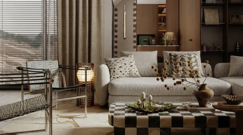 Warm Textured Living Room, an interior designed with MeltFlex AI