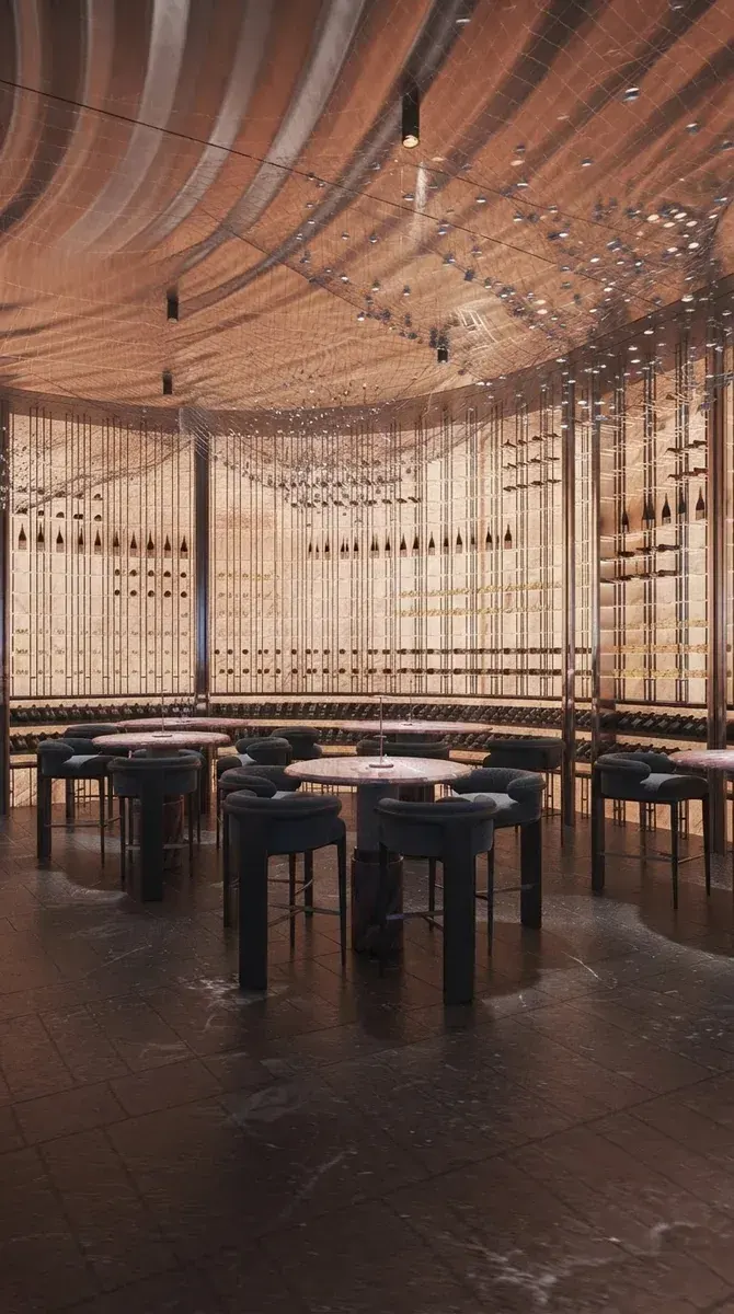 Restaurant designed with MeltFlex AI: Wave Ceiling Sky Restaurant