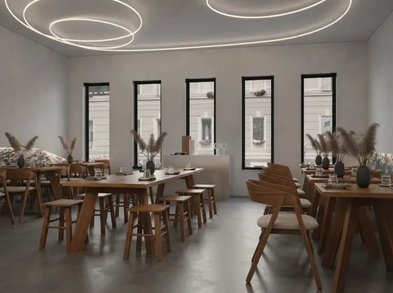 Restaurant designed with MeltFlex AI: Wheat Stem Concrete Canteen