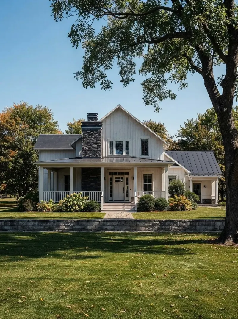 Exterior designed with MeltFlex AI: White Board And Batten Farmhouse