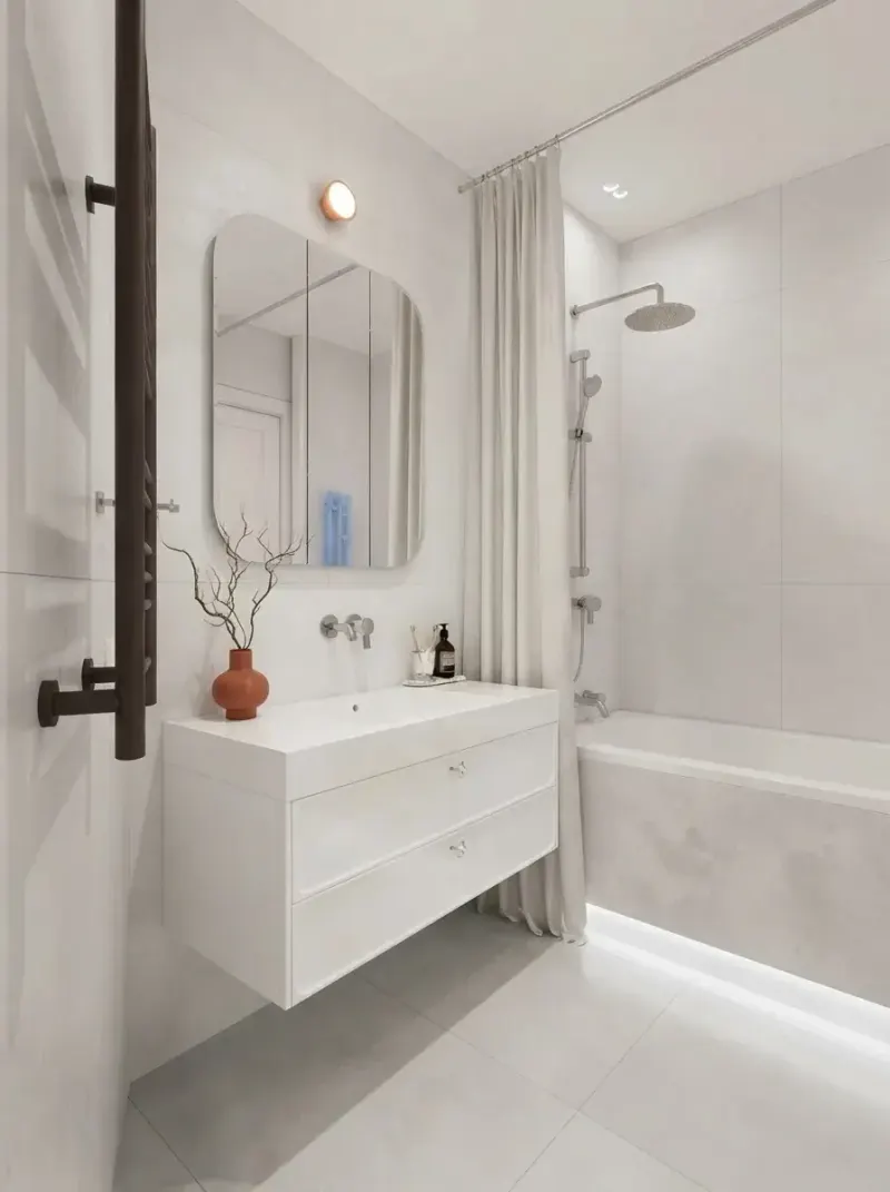 Bathroom designed with MeltFlex AI: White Curved Vanity Bathroom