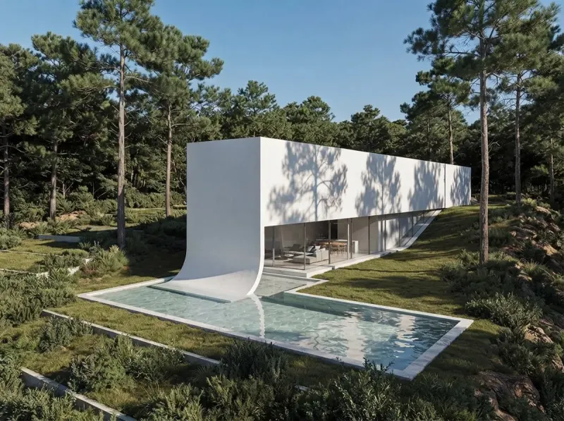 Exterior designed with MeltFlex AI: White Curved Villa Pine Forest