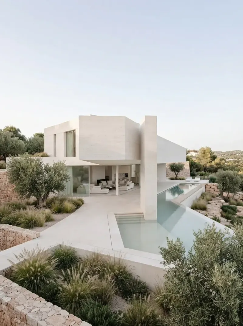 Exterior designed with MeltFlex AI: White Minimal Pool Villa