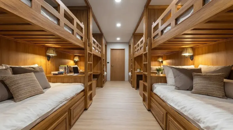 Dorm Room designed with MeltFlex AI: Wooden Bunk Dorm Reading Lamps