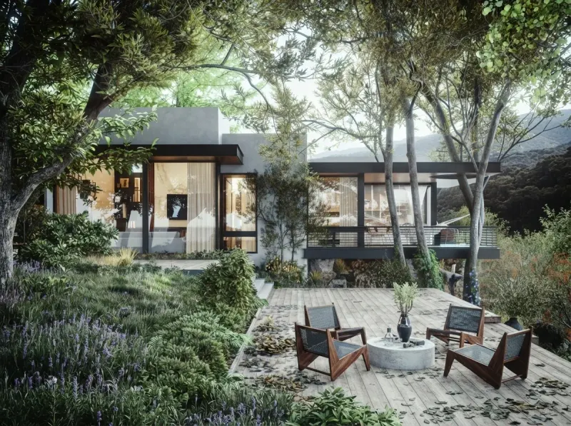 Garden designed with MeltFlex AI: Woodland Patio Garden