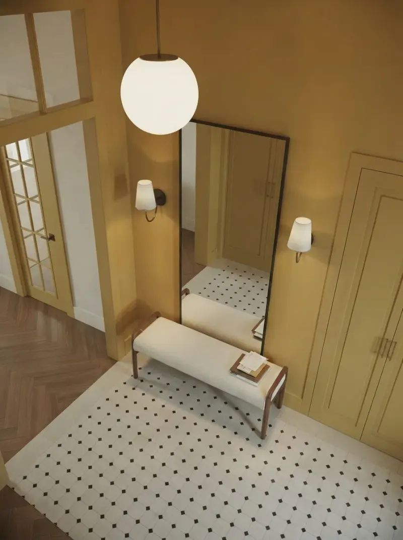 Hallway designed with MeltFlex AI: Yellow Hall, Panelled Doors
