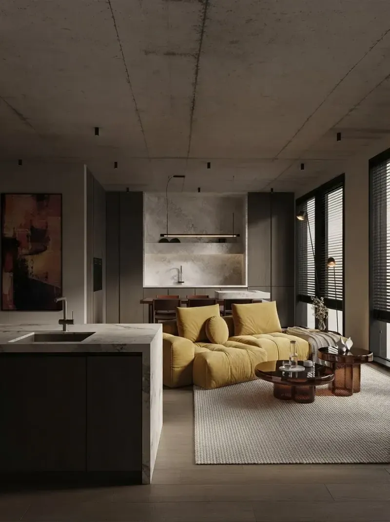 Living Room designed with MeltFlex AI: Yellow Modular Loft Living