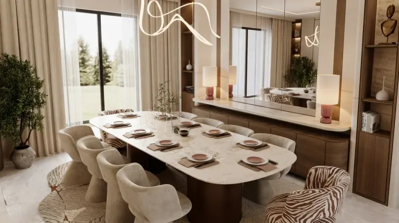 Wavy Chandelier Boucle Dining, an interior designed with MeltFlex AI