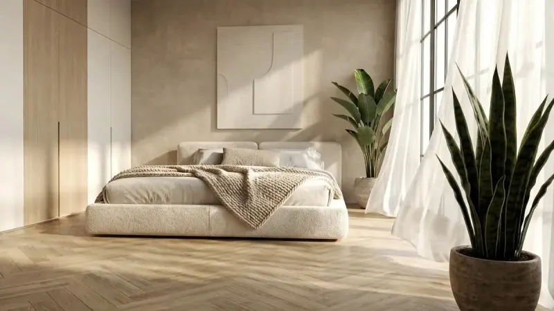 The same loft virtually staged as a serene bedroom with layered linen