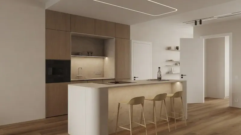 Open-plan kitchen virtually staged with a pale wood island and bar stools