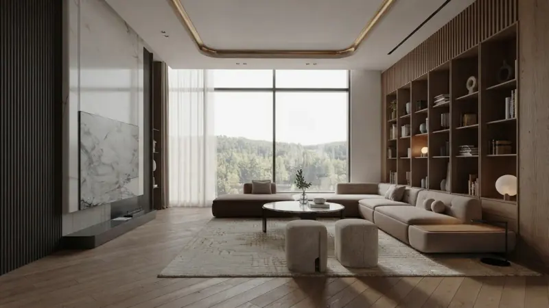 Living room virtually staged with warm walnut joinery and a low modular sofa