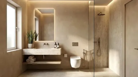 The same raw loft virtually staged as a stone-finish bathroom