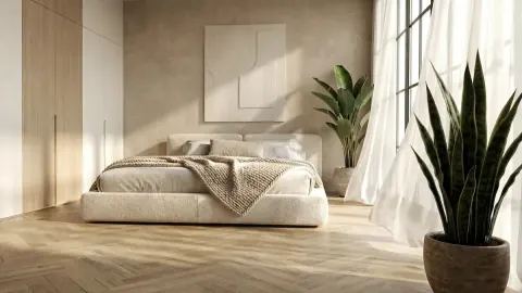 The same raw loft virtually staged as a serene bedroom