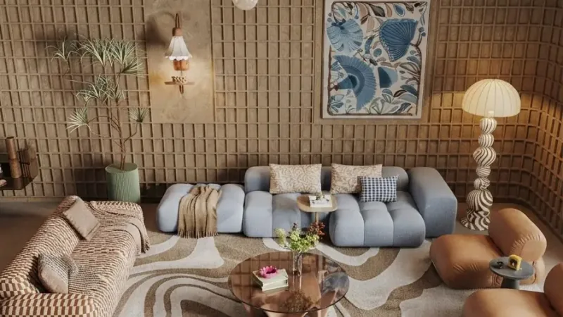 Resort-style living room staged with a soft modular sofa and textured walls