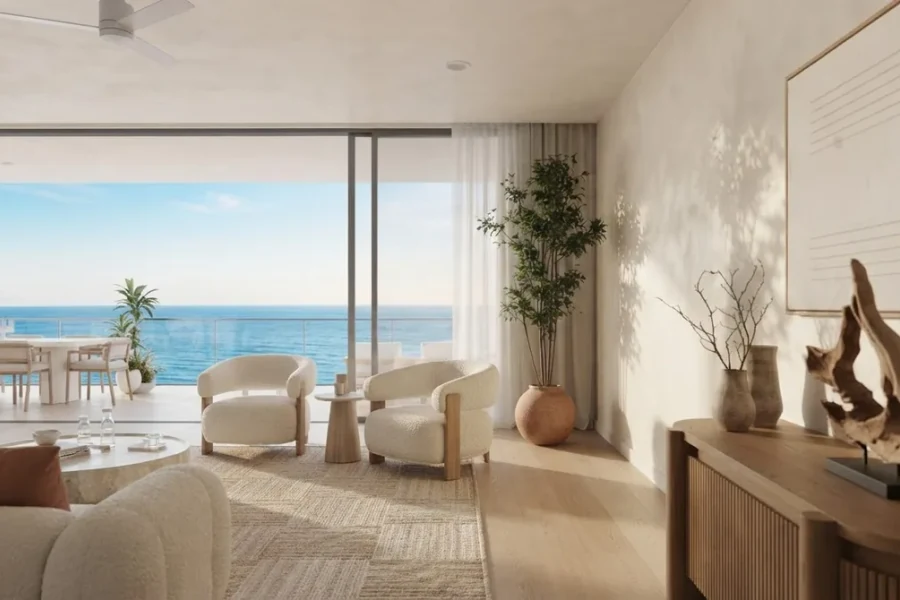 AI wall texture — coastal living room with limewash plaster walls