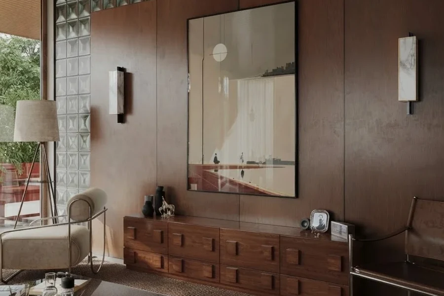 AI wall texture — living room with walnut panelled walls and a glass block partition
