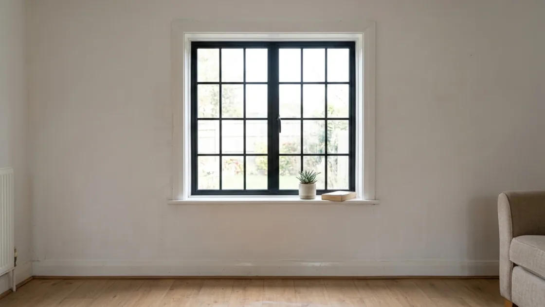 Same window restyled as a black steel-framed Crittall grid window
