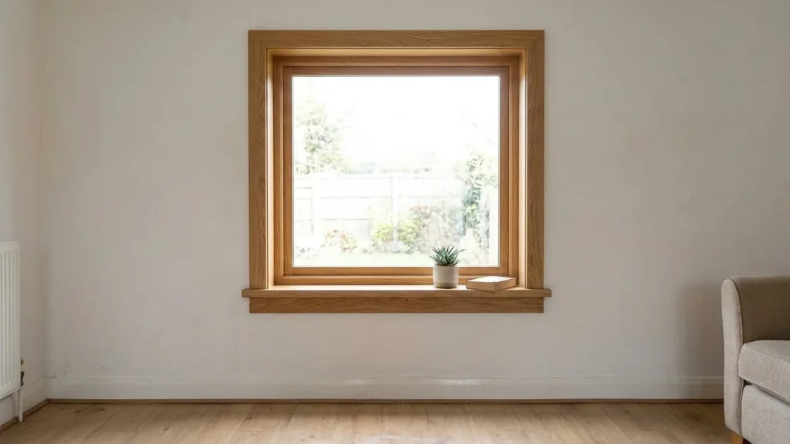 Same window restyled with a warm natural-oak frame