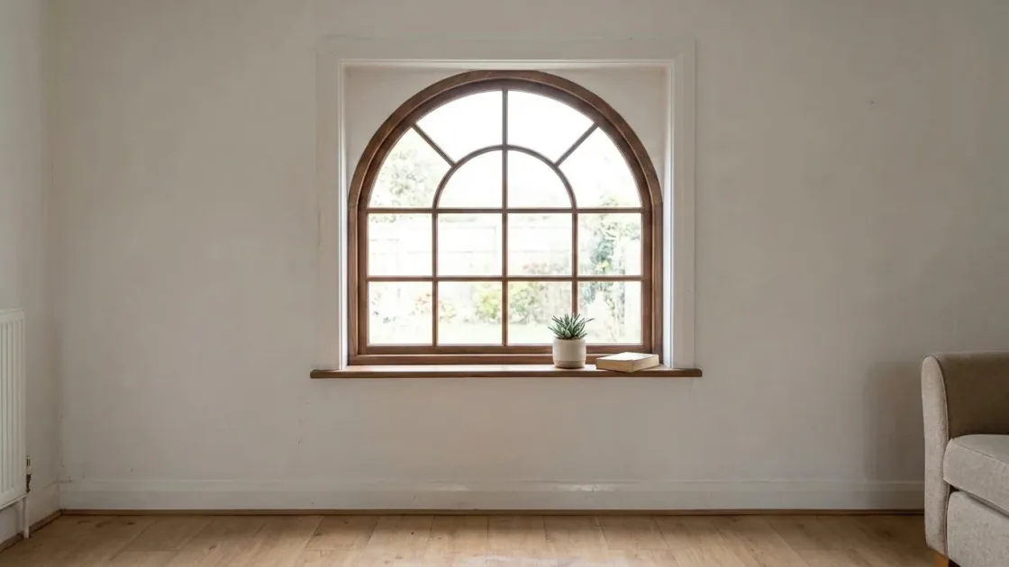 Same window restyled as an arched-top wood-framed window