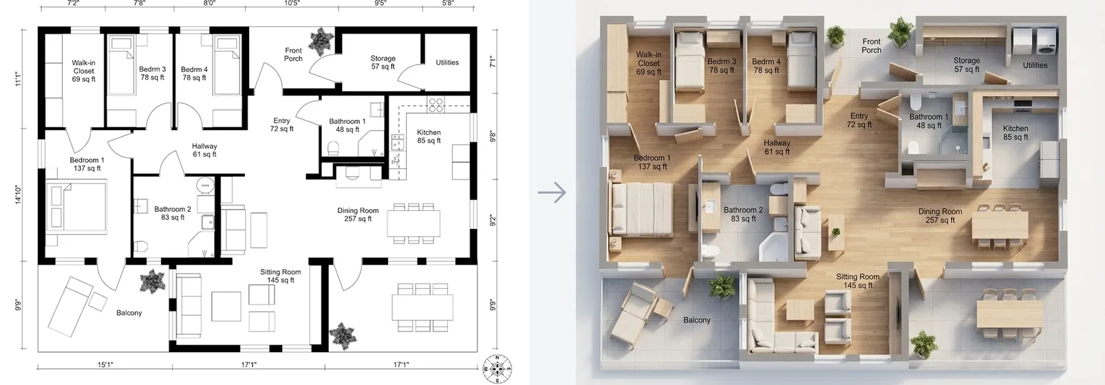 A 2D floorplan on the left and the photorealistic 3D render the API returned for it on the right